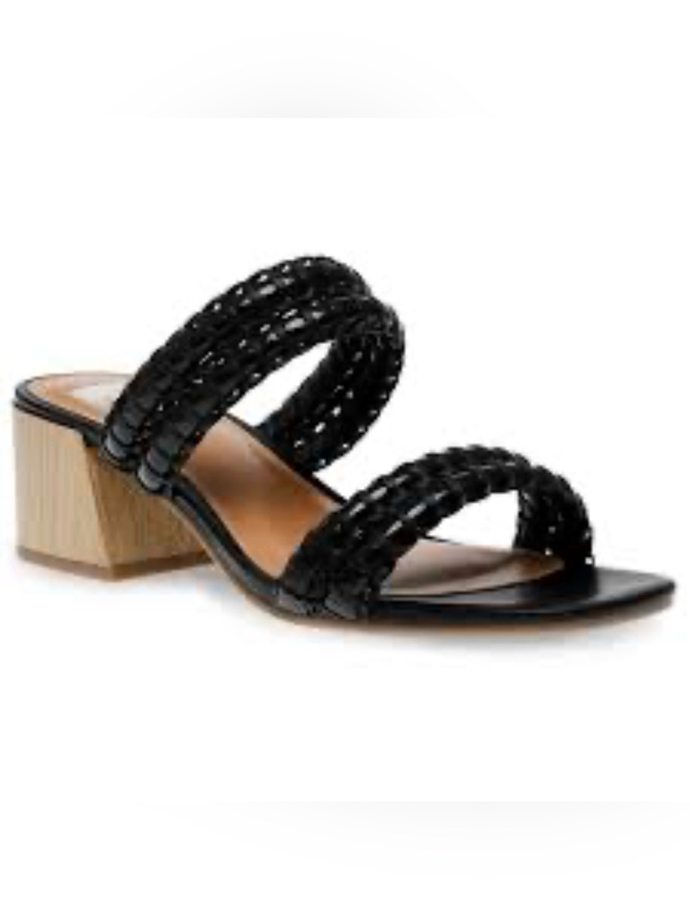 DV Dolce Vita SANTANA Black Faux Leather Double Woven Strap Heeled Slide Sandals